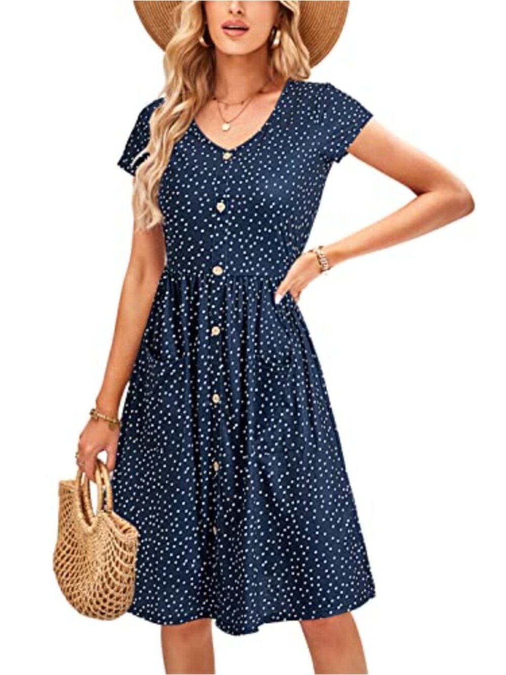 Women's Casual A-Line Midi Dress Short Sleeve V-Neck with Pockets